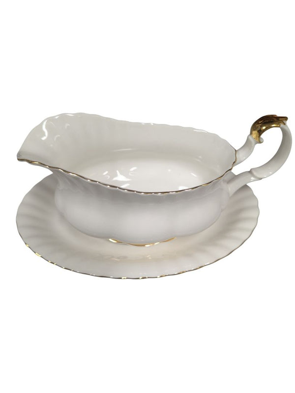Royal Albert Bone China Gravy Boat with Underplate – White & Gold Trim