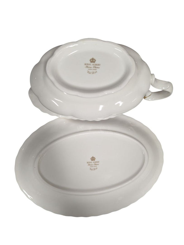 Royal Albert Bone China Gravy Boat with Underplate – White & Gold Trim