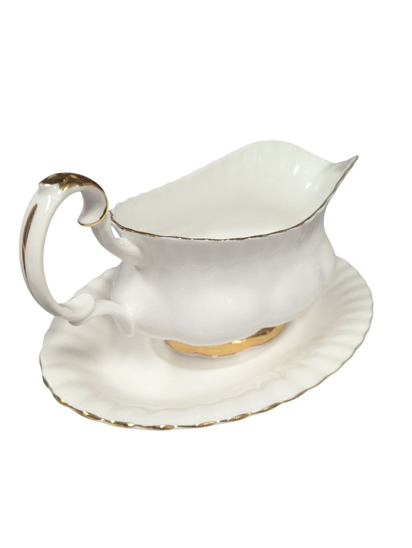 Royal Albert Bone China Gravy Boat with Underplate – White & Gold Trim