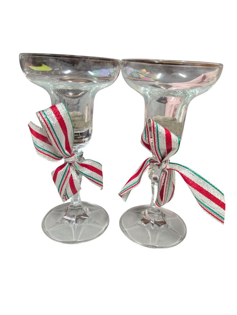 Vintage Glass Candle Holders – Pair with Holiday Ribbon