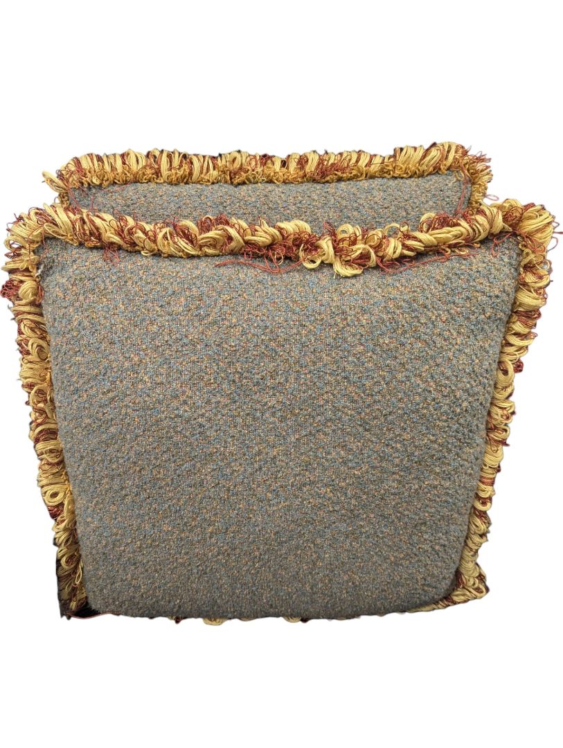 Pair of Tweed Throw Pillows with Fringe Trim – Gold & Rust Accents