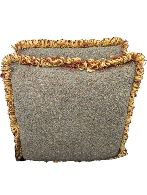 Pair of Tweed Throw Pillows with Fringe Trim – Gold & Rust Accents