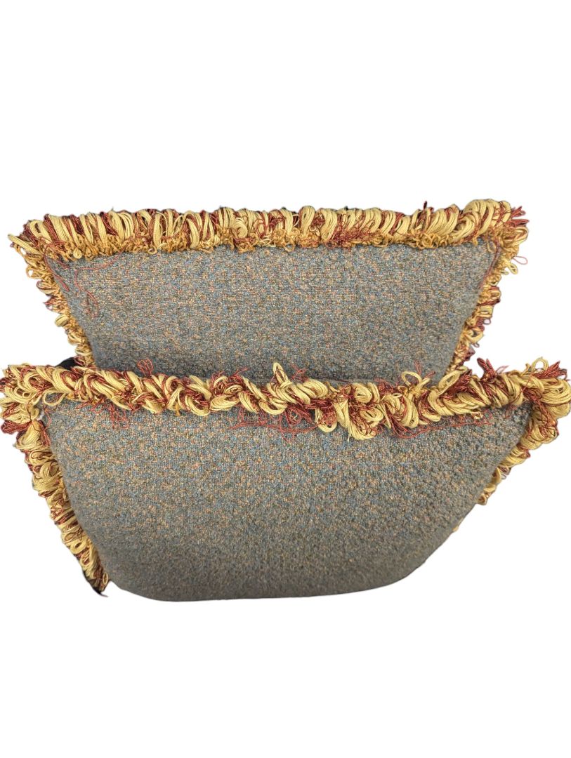 Pair of Tweed Throw Pillows with Fringe Trim – Gold & Rust Accents