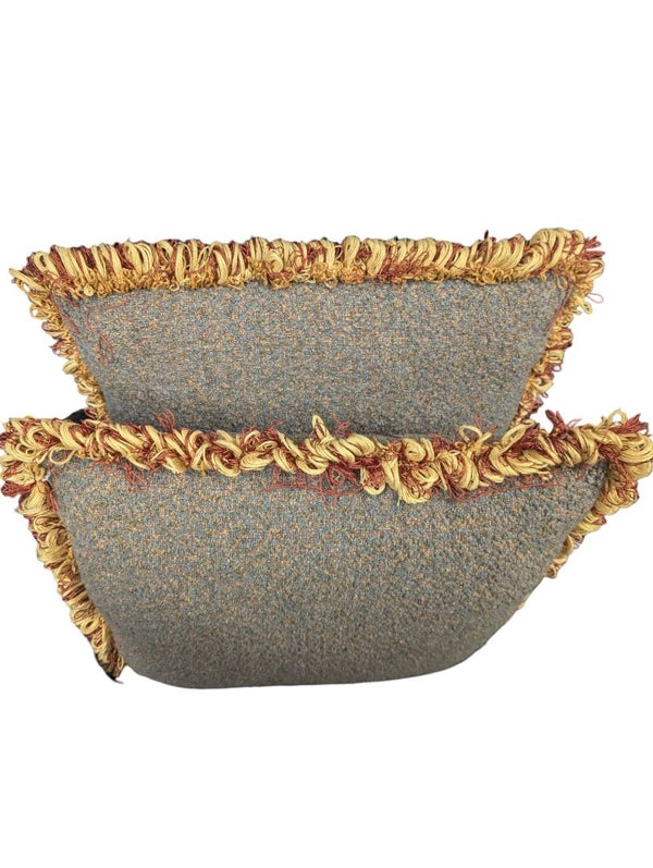 Pair of Tweed Throw Pillows with Fringe Trim – Gold & Rust Accents