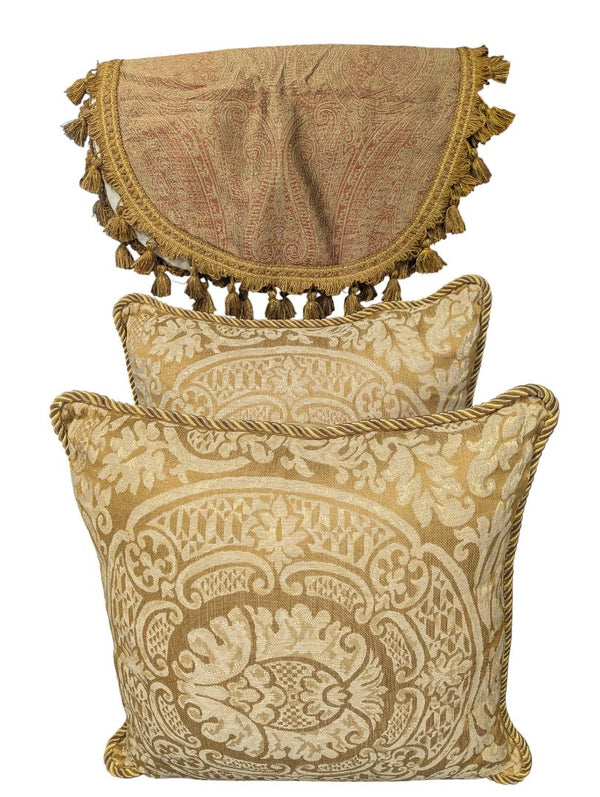 Pair of Damask Throw Pillows with Matching Tassel Valance – Gold & Cream
