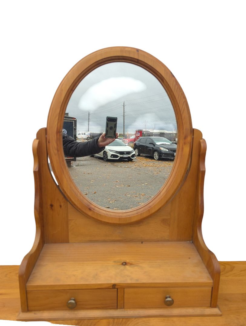 Vintage Solid Pine Vanity Mirror with Storage Drawers