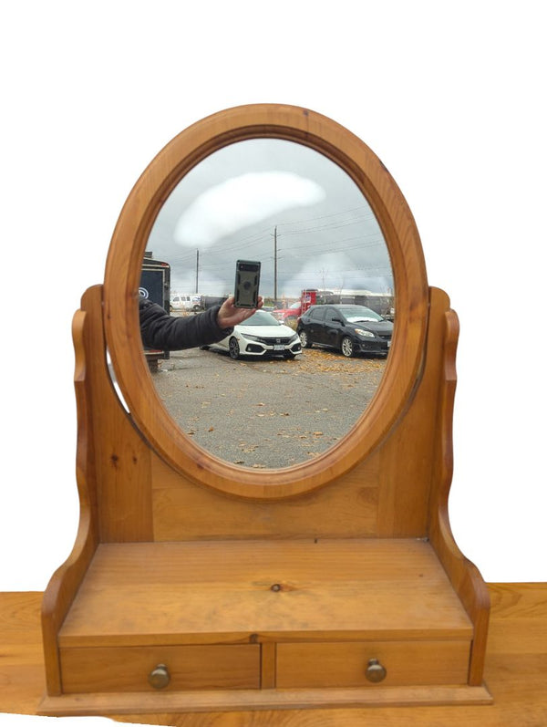 Vintage Solid Pine Vanity Mirror with Storage Drawers