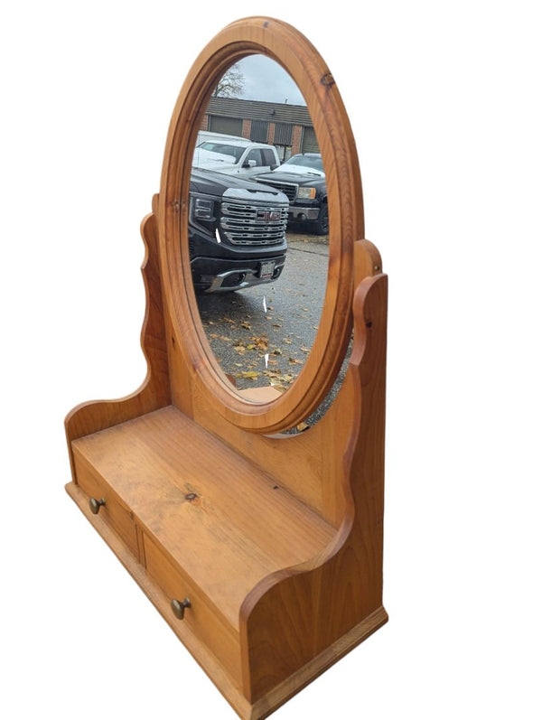 Vintage Solid Pine Vanity Mirror with Storage Drawers