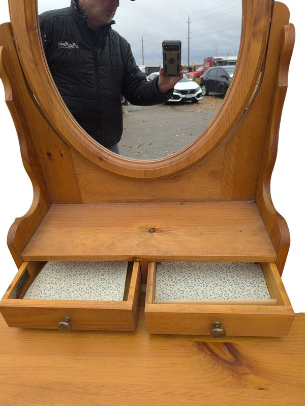 Vintage Solid Pine Vanity Mirror with Storage Drawers