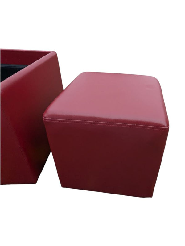 Pair of Red Faux Leather Cube Storage Ottomans