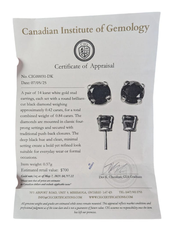 14 kt White Gold Black Diamond Stud Earrings (0.84 ct tw)