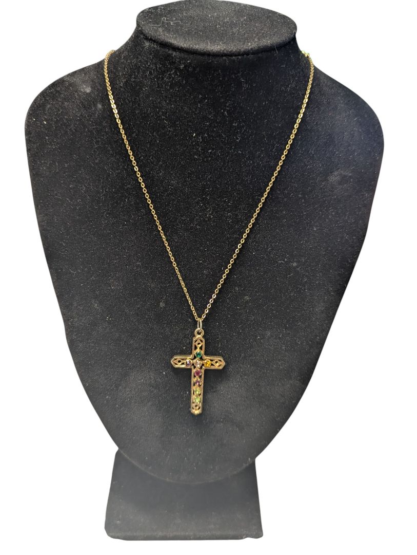 Vintage Costume Necklace – Multicolour Rhinestone Cross Pendant