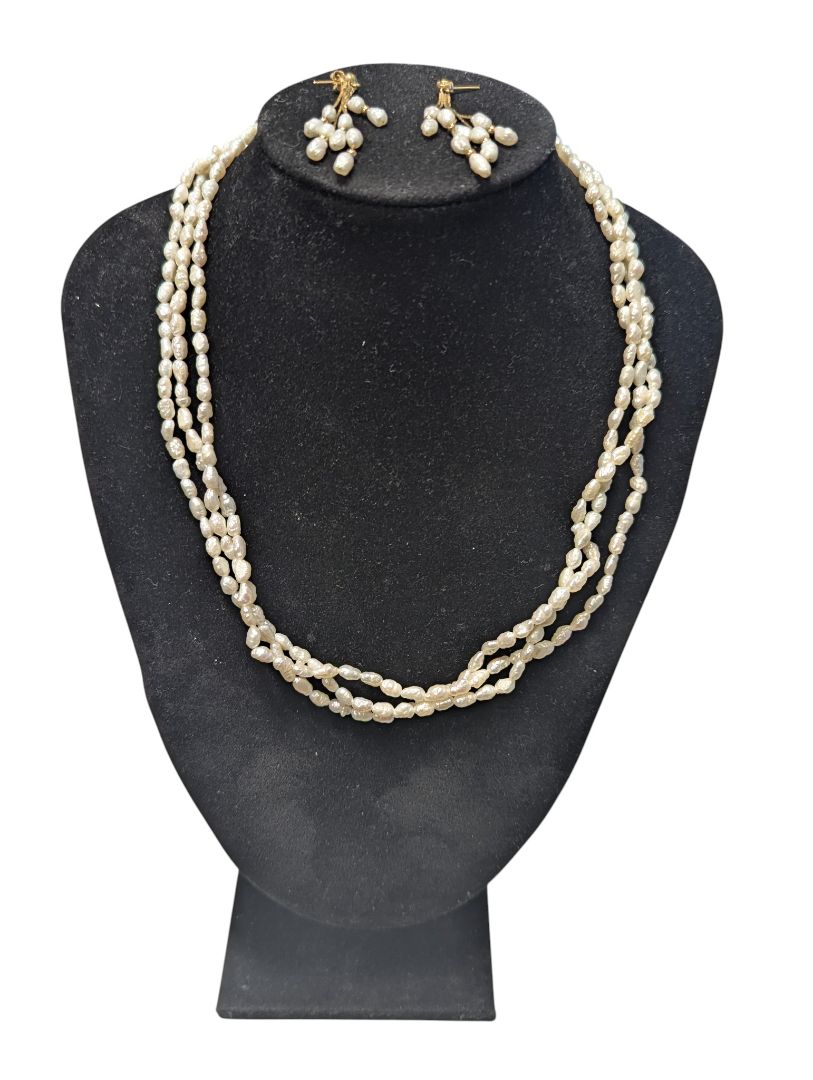 Lot of Faux Pearl Multi-Strand Necklace & Drop Earrings Set