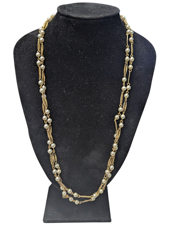 Vintage Triple-Strand Faux Pearl & Filigree Necklace