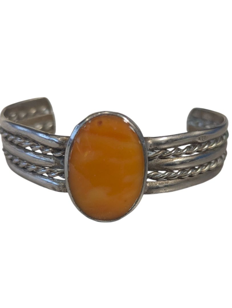 Handcrafted Silver-Tone Cuff Bracelet with Amber-Style Cabochon