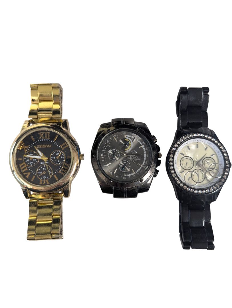 Lot of 3 Fashion Watches – Gold, Black Chronograph & Crystal Bezel