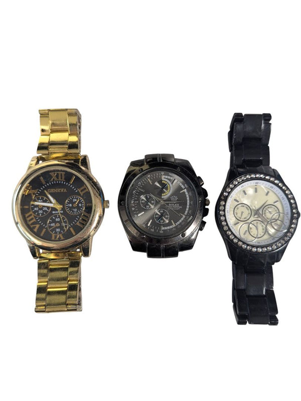 Lot of 3 Fashion Watches – Gold, Black Chronograph & Crystal Bezel