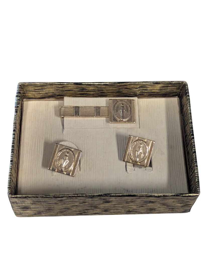 Vintage Religious Cufflinks & Tie Clip Set – Virgin Mary Motif