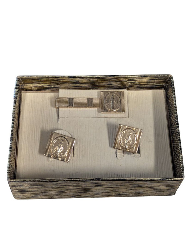 Vintage Religious Cufflinks & Tie Clip Set – Virgin Mary Motif