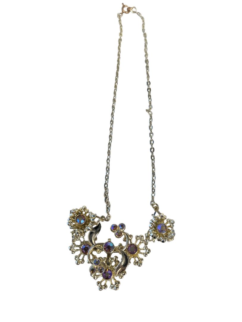 Gold-Tone Floral Bib Necklace with Purple Aurora Borealis Stones