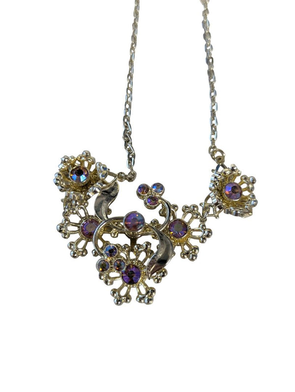 Gold-Tone Floral Bib Necklace with Purple Aurora Borealis Stones