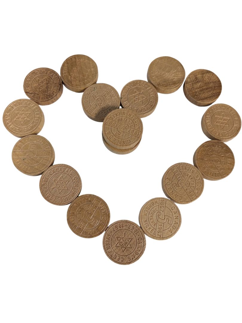 Lot of 17 Vintage Canada Centennial Wooden Nickels