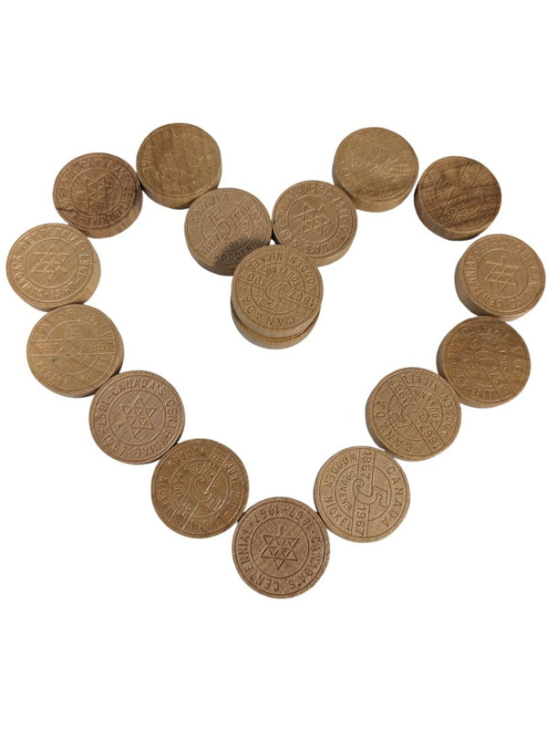 Lot of 17 Vintage Canada Centennial Wooden Nickels