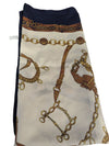 Vintage Equestrian-Print Satin Scarf – Navy & Gold Chain Pattern