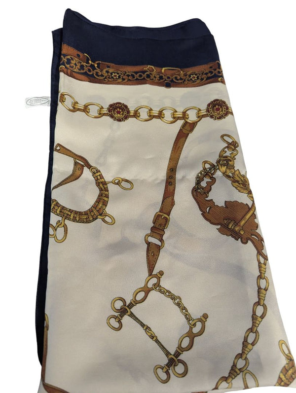 Vintage Equestrian-Print Satin Scarf – Navy & Gold Chain Pattern