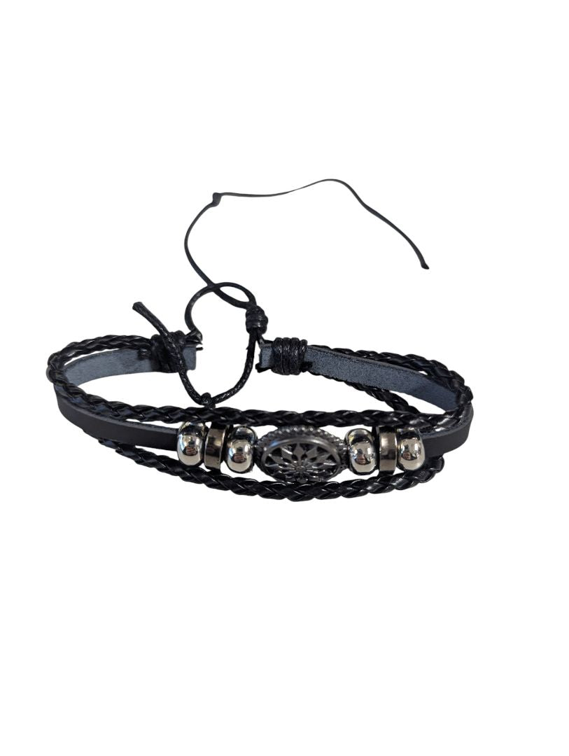 Men’s Braided Leather Bracelet – Black Multi-Strand with Metal Accents