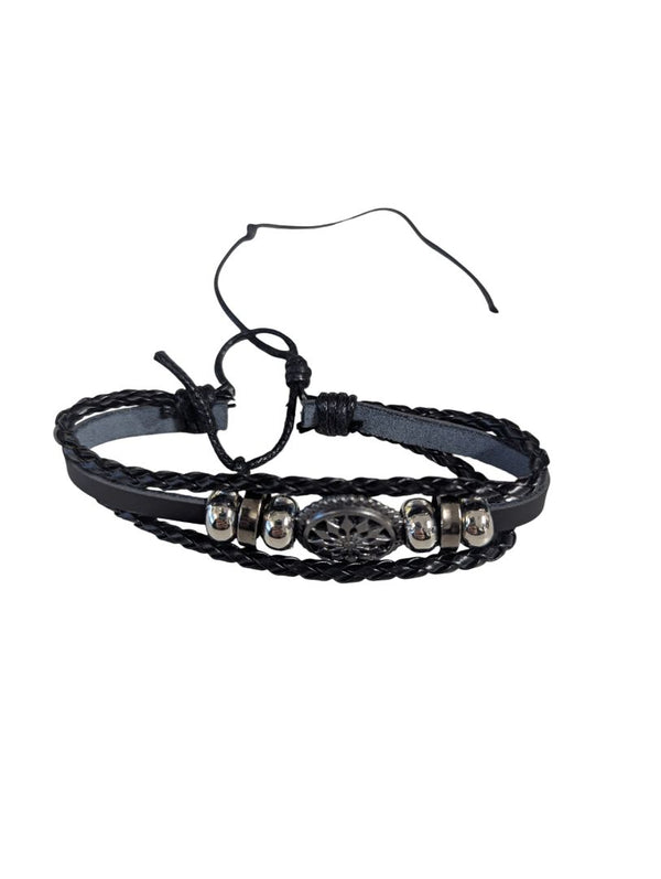 Men’s Braided Leather Bracelet – Black Multi-Strand with Metal Accents