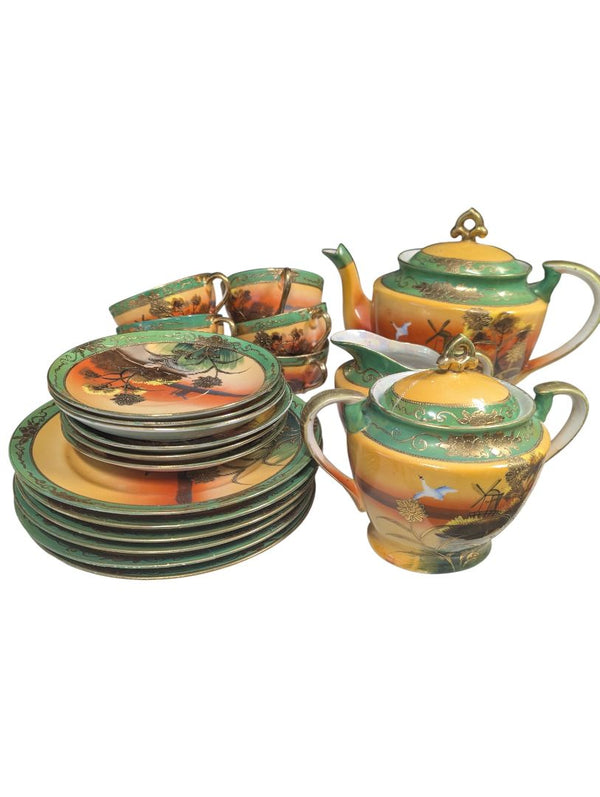 Elegant Vintage Japanese Porcelain Tea Service Set – Green & Gold Scenic Design