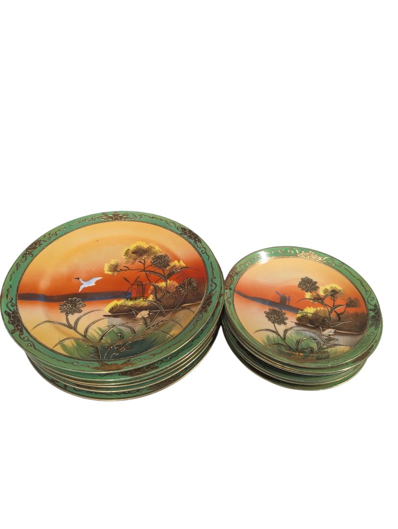 Elegant Vintage Japanese Porcelain Tea Service Set – Green & Gold Scenic Design