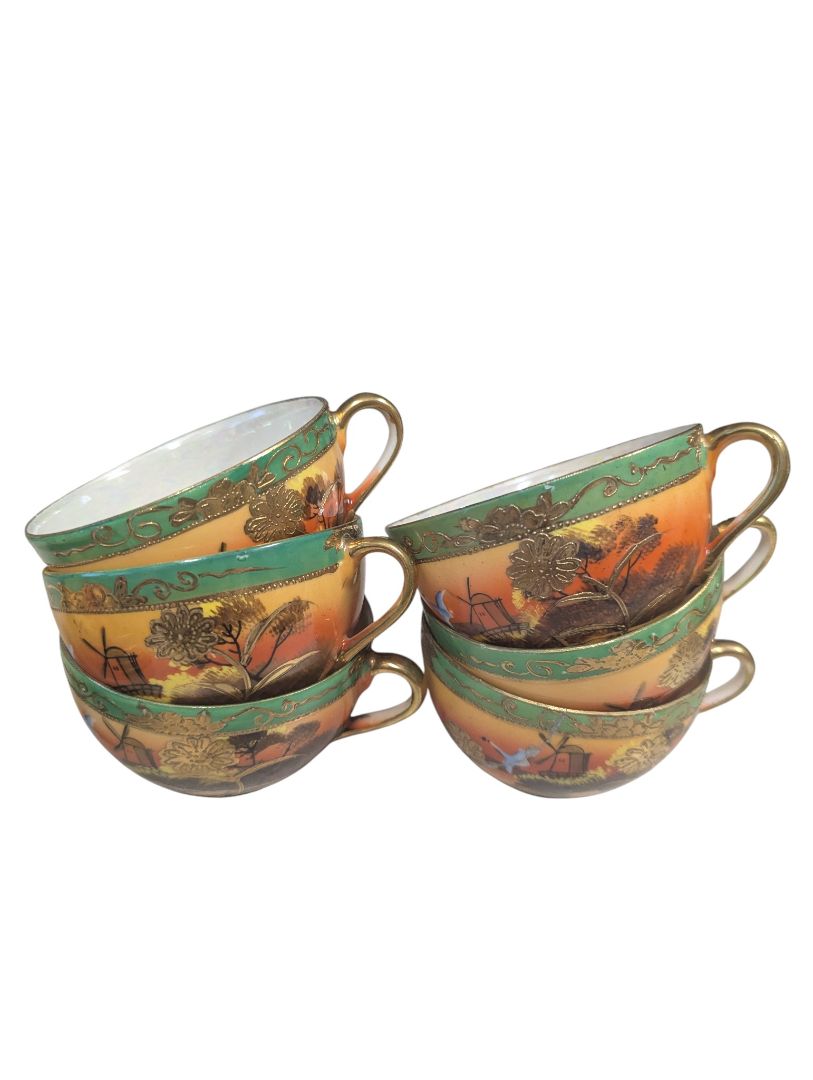 Elegant Vintage Japanese Porcelain Tea Service Set – Green & Gold Scenic Design