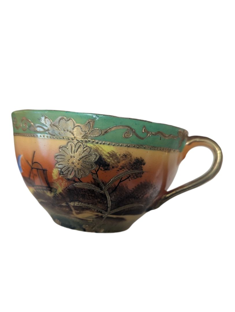 Elegant Vintage Japanese Porcelain Tea Service Set – Green & Gold Scenic Design