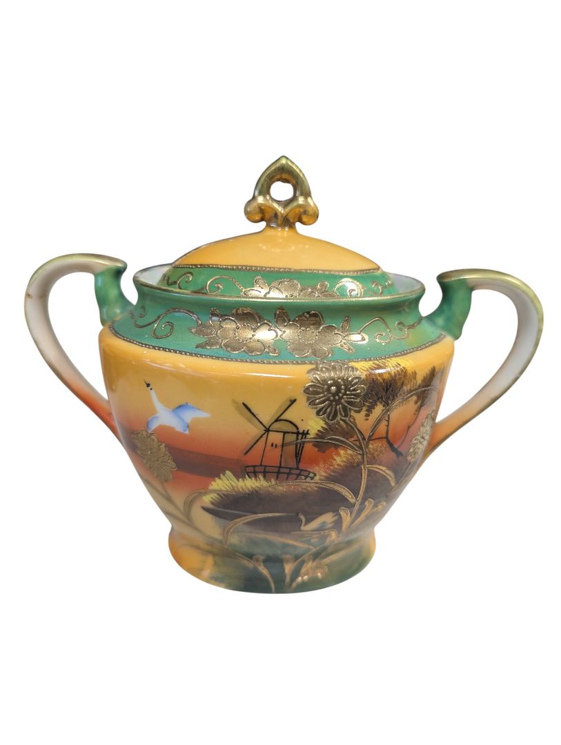 Elegant Vintage Japanese Porcelain Tea Service Set – Green & Gold Scenic Design