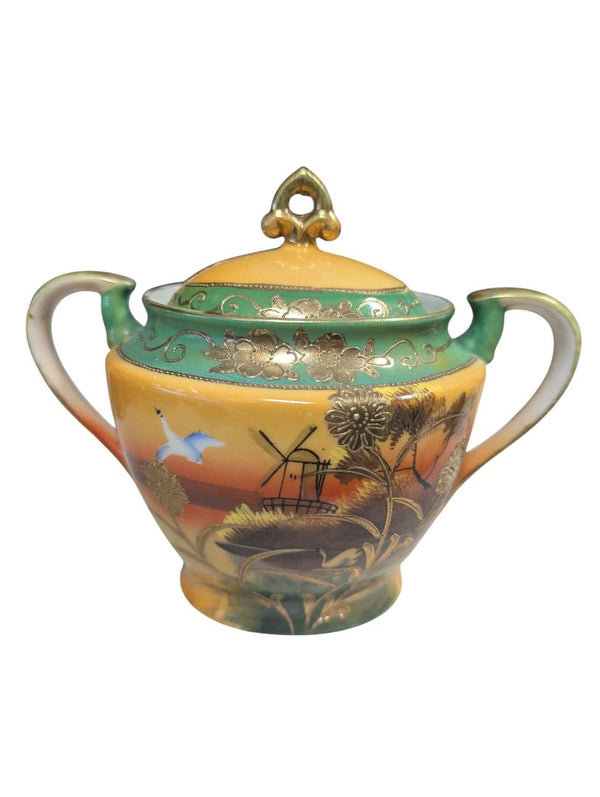 Elegant Vintage Japanese Porcelain Tea Service Set – Green & Gold Scenic Design