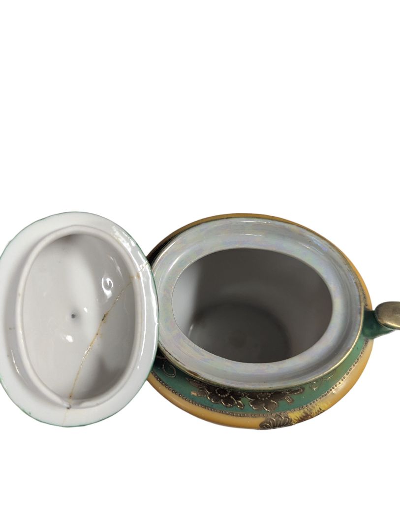 Elegant Vintage Japanese Porcelain Tea Service Set – Green & Gold Scenic Design