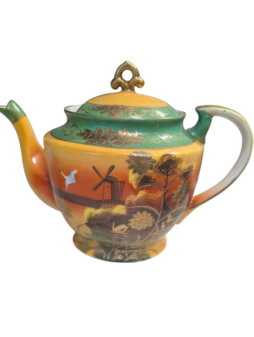 Elegant Vintage Japanese Porcelain Tea Service Set – Green & Gold Scenic Design