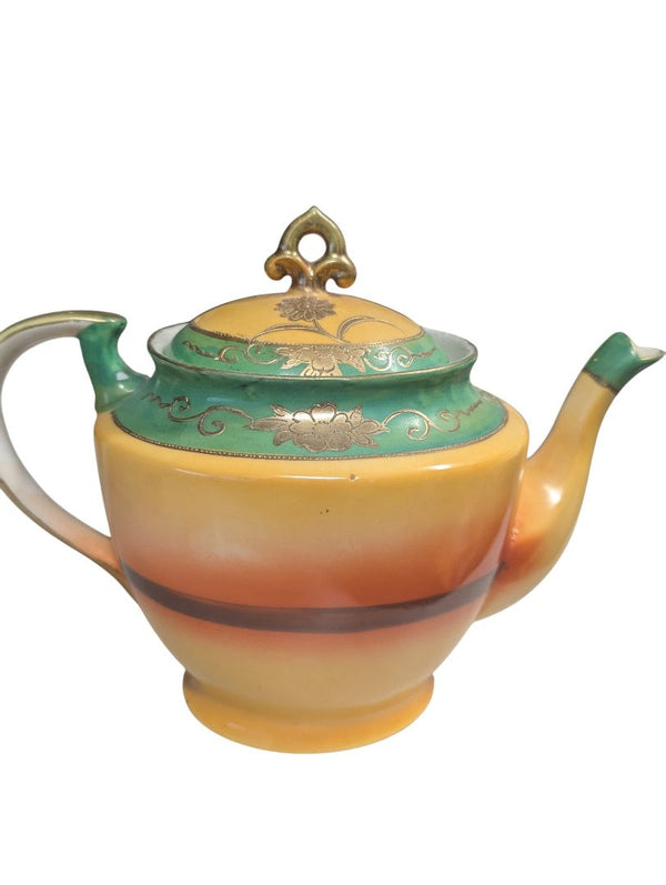 Elegant Vintage Japanese Porcelain Tea Service Set – Green & Gold Scenic Design