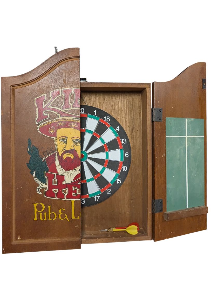 Kings Head Pub & Lodging Wooden Dartboard Cabinet with Darts