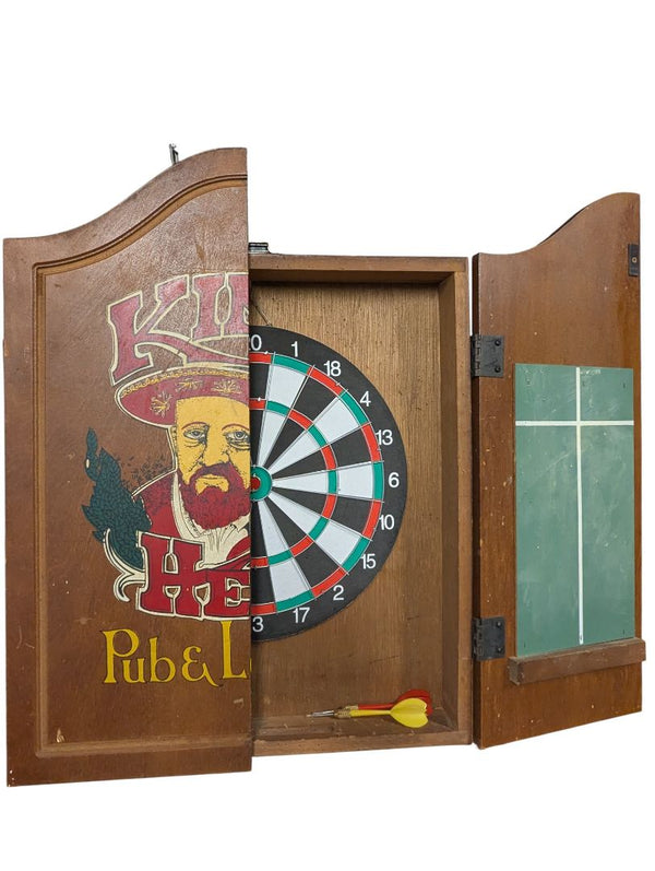 Kings Head Pub & Lodging Wooden Dartboard Cabinet with Darts