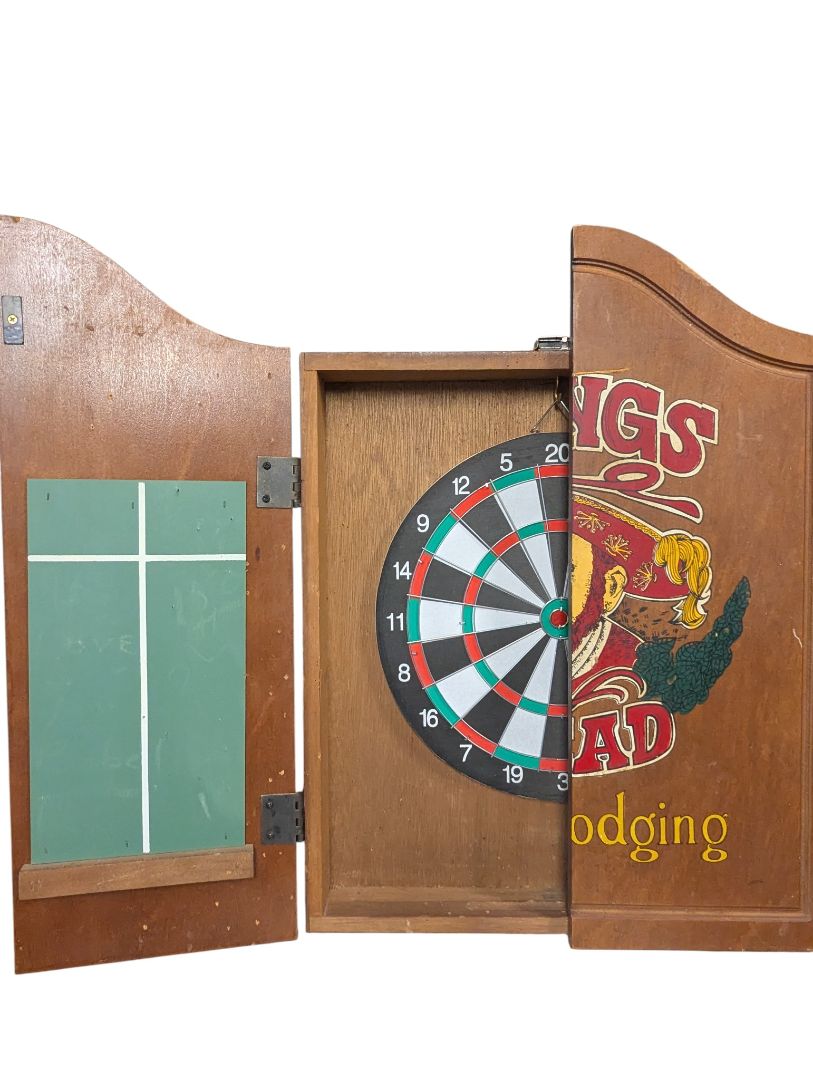 Kings Head Pub & Lodging Wooden Dartboard Cabinet with Darts