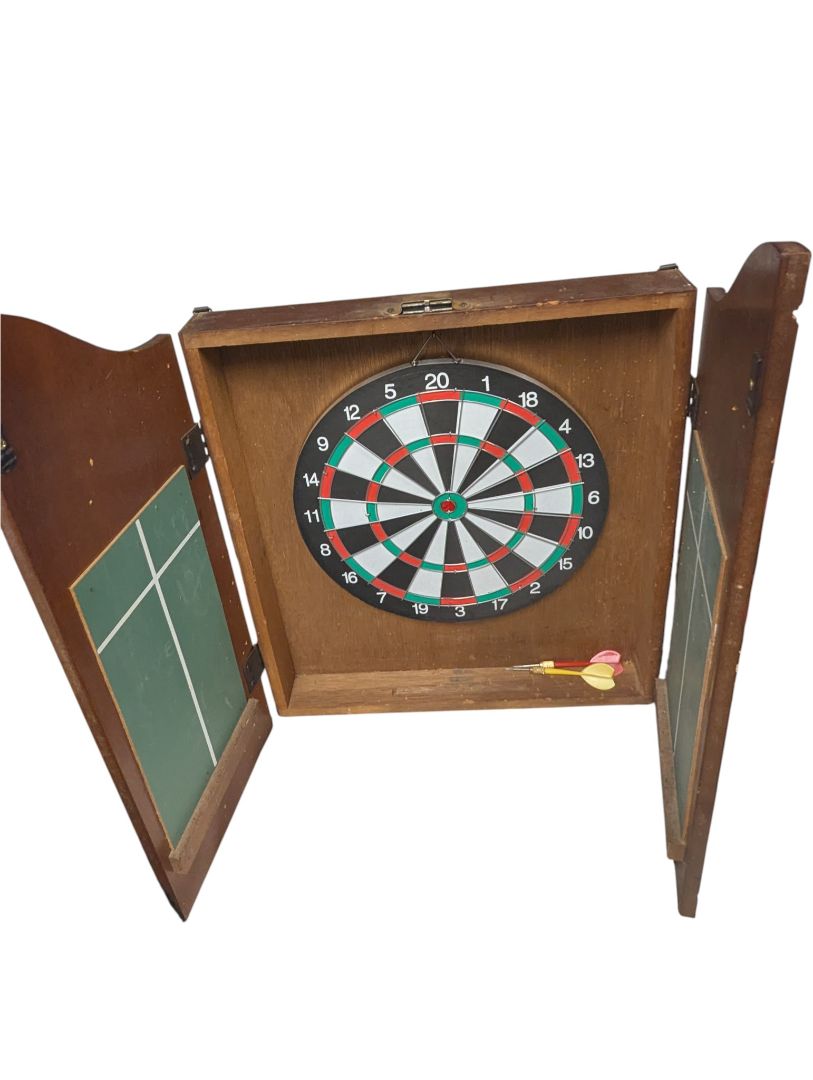 Kings Head Pub & Lodging Wooden Dartboard Cabinet with Darts