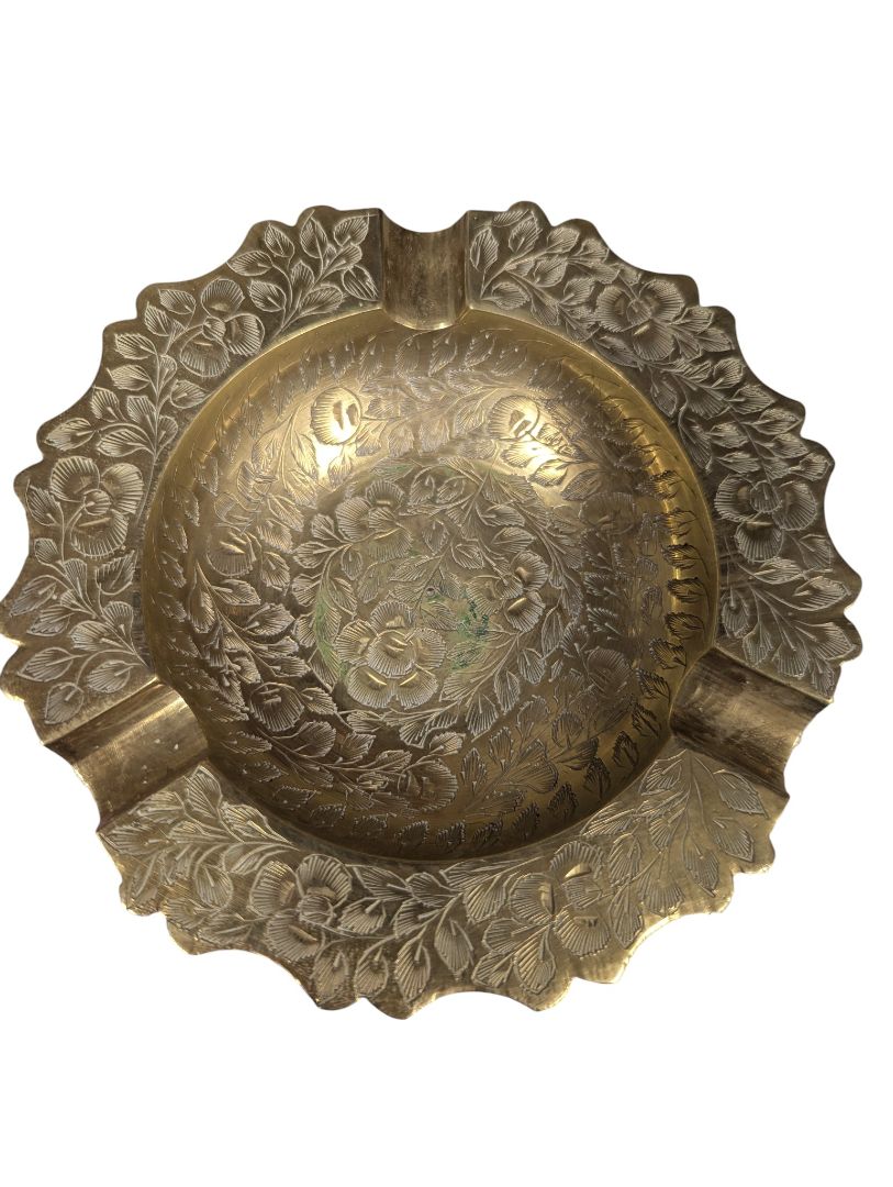 Vintage Hand-Engraved Brass Floral Ashtray – India