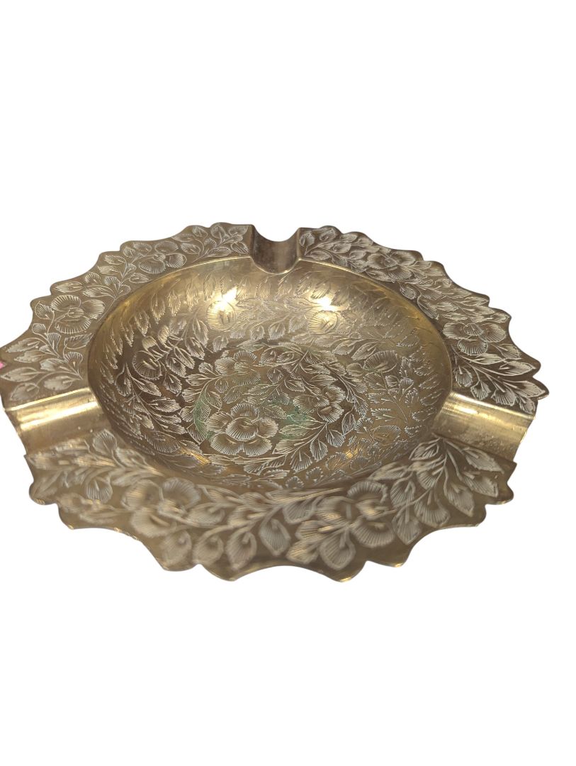 Vintage Hand-Engraved Brass Floral Ashtray – India