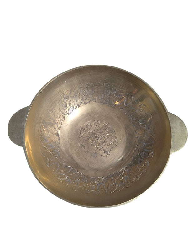 Vintage Hand-Etched Brass Two-Handle Shallow Bowl