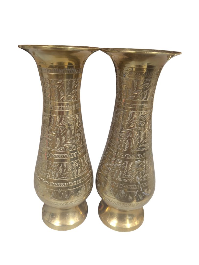 Pair of Etched Brass Vases