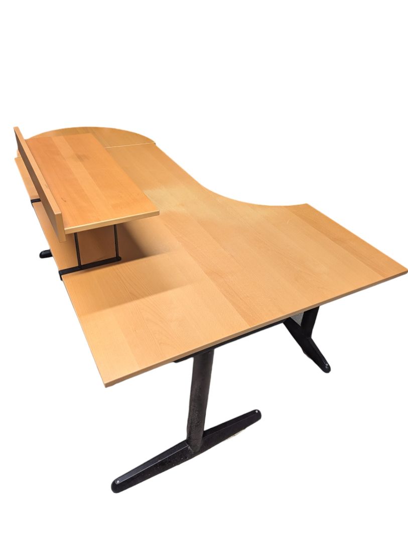 Large L-Shaped Office Desk with Elevated Monitor Shelf