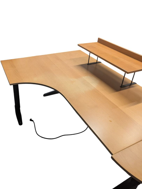 Large L-Shaped Office Desk with Elevated Monitor Shelf